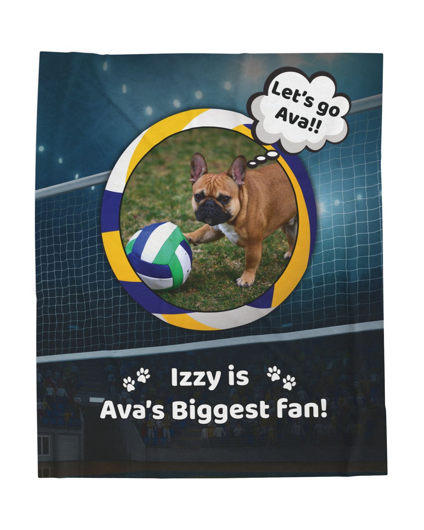 Personalized volleyball dog blanket featuring French Bulldog Izzy with volleyball and “Let’s go Ava” message, full front view of custom blanket design.