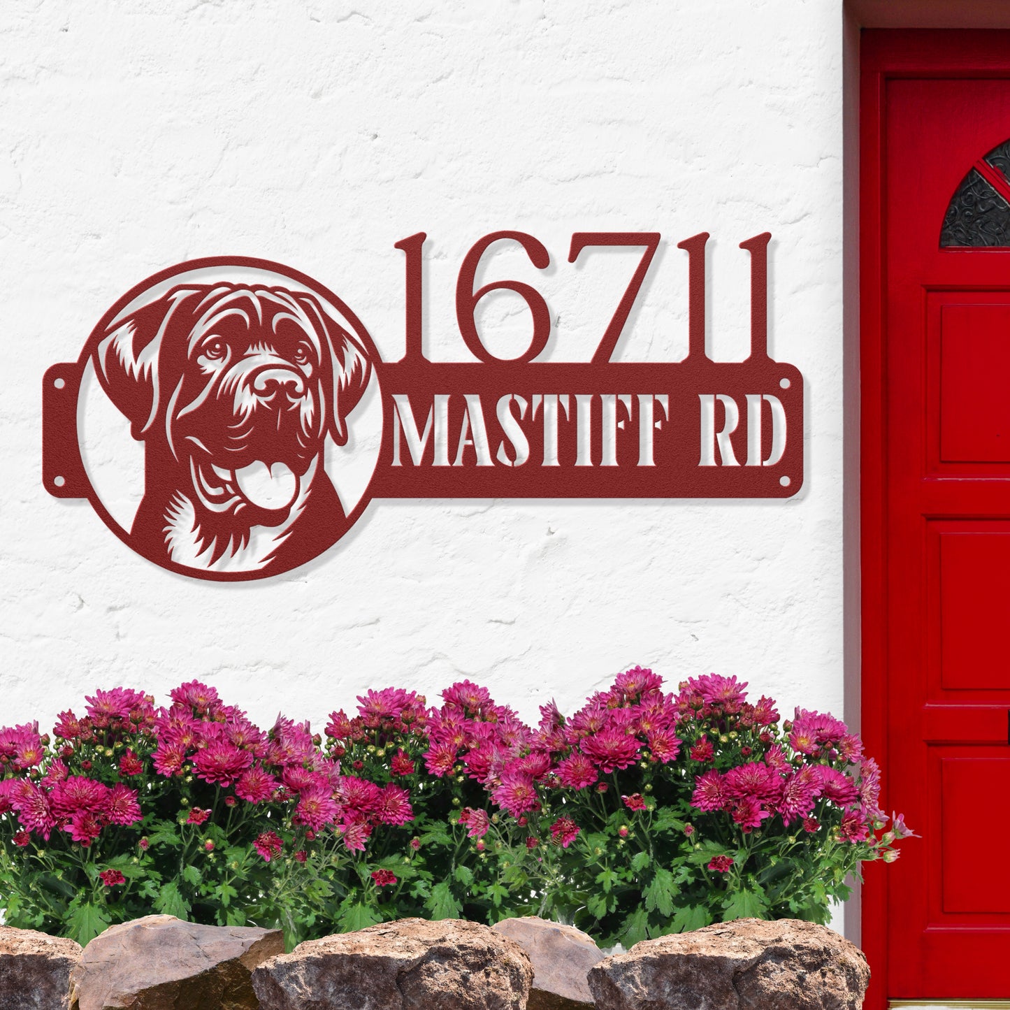 Personalized red English Mastiff metal address sign, stylish and durable, crafted from 18-gauge steel for long-lasting outdoor or indoor use