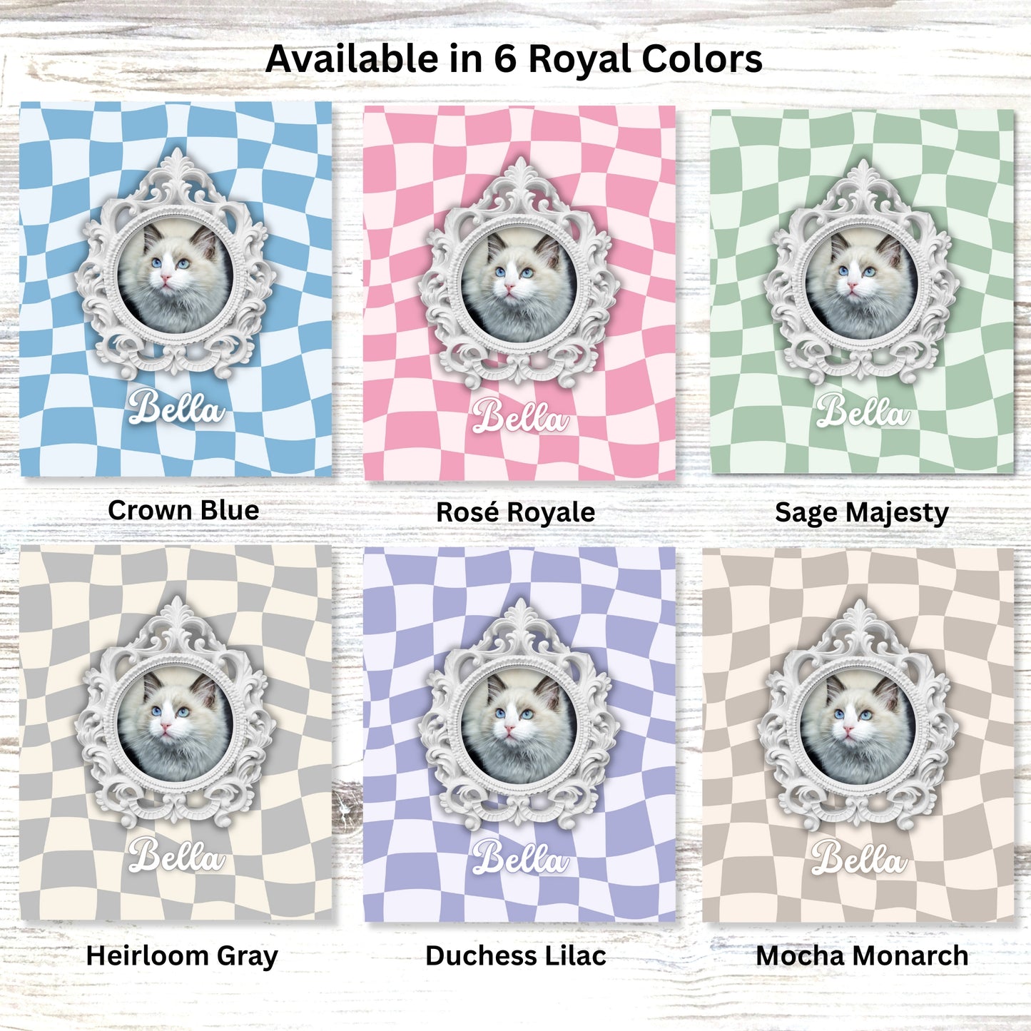 Available in six royal colors: Crown Blue, Rosé Royale, Sage Majesty, Heirloom Gray, Duchess Lilac, and Mocha Monarch — personalized cat photo blanket options