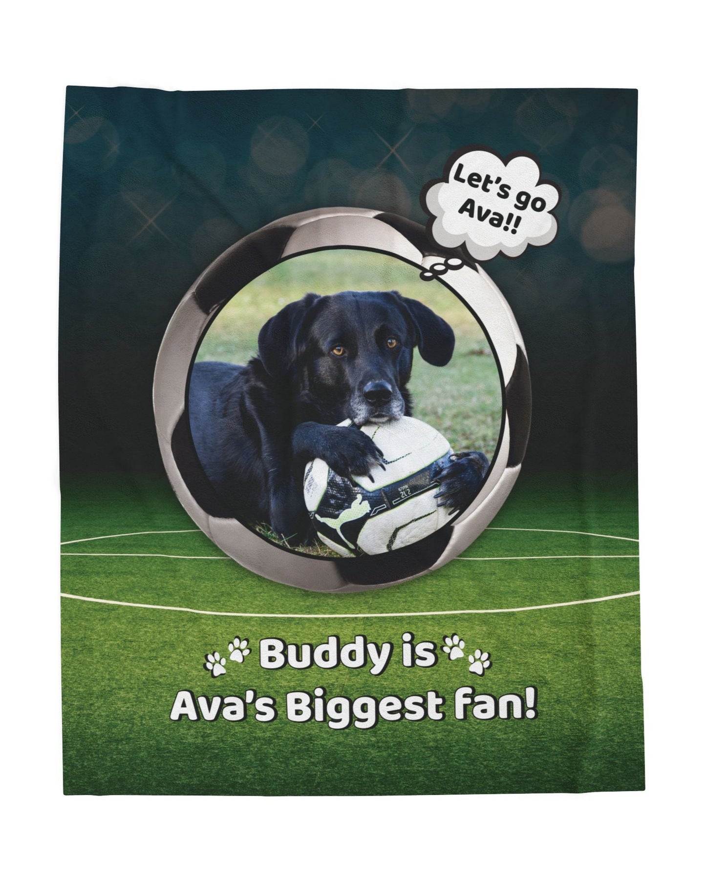 Personalized soccer dog blanket featuring Buddy holding a soccer ball with the phrase “Buddy is Ava’s Biggest Fan” on a green field background
