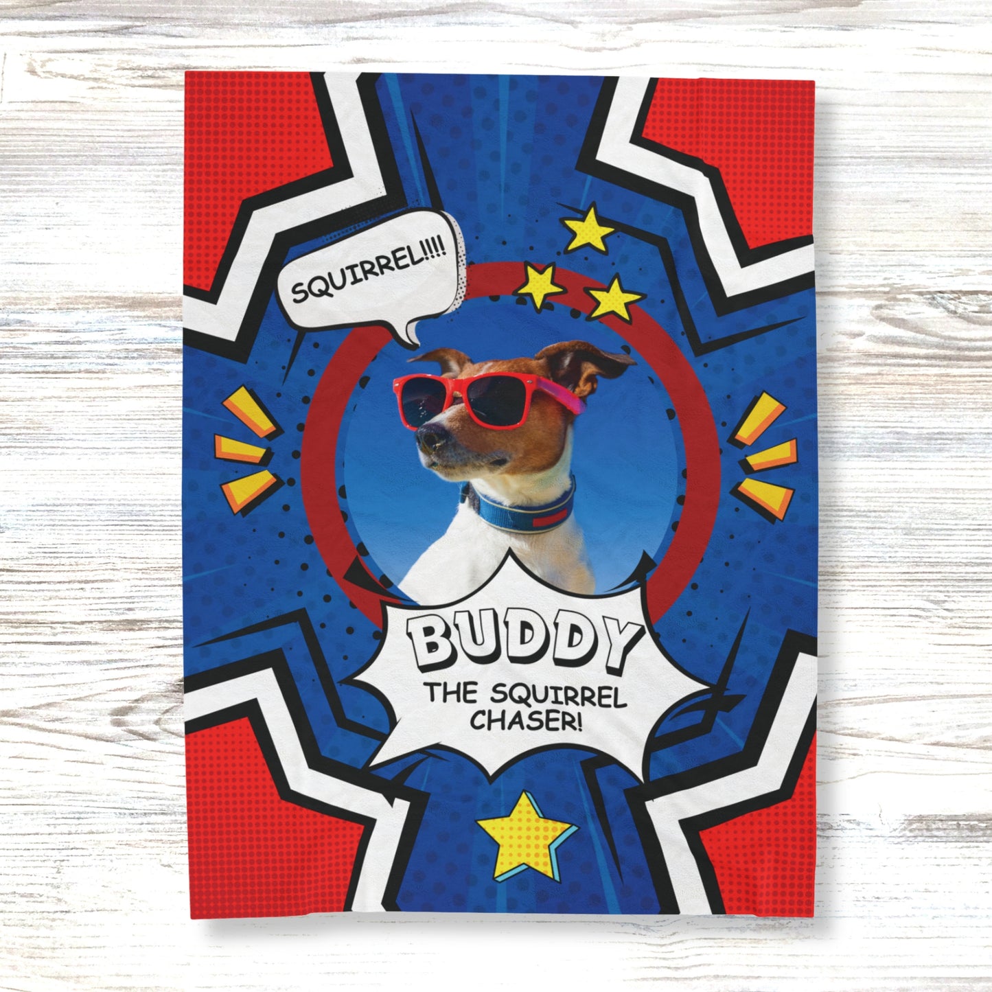 Comic-style personalized dog blanket featuring Buddy with red sunglasses and the phrase “Squirrel Chaser,” displayed on a white wood background