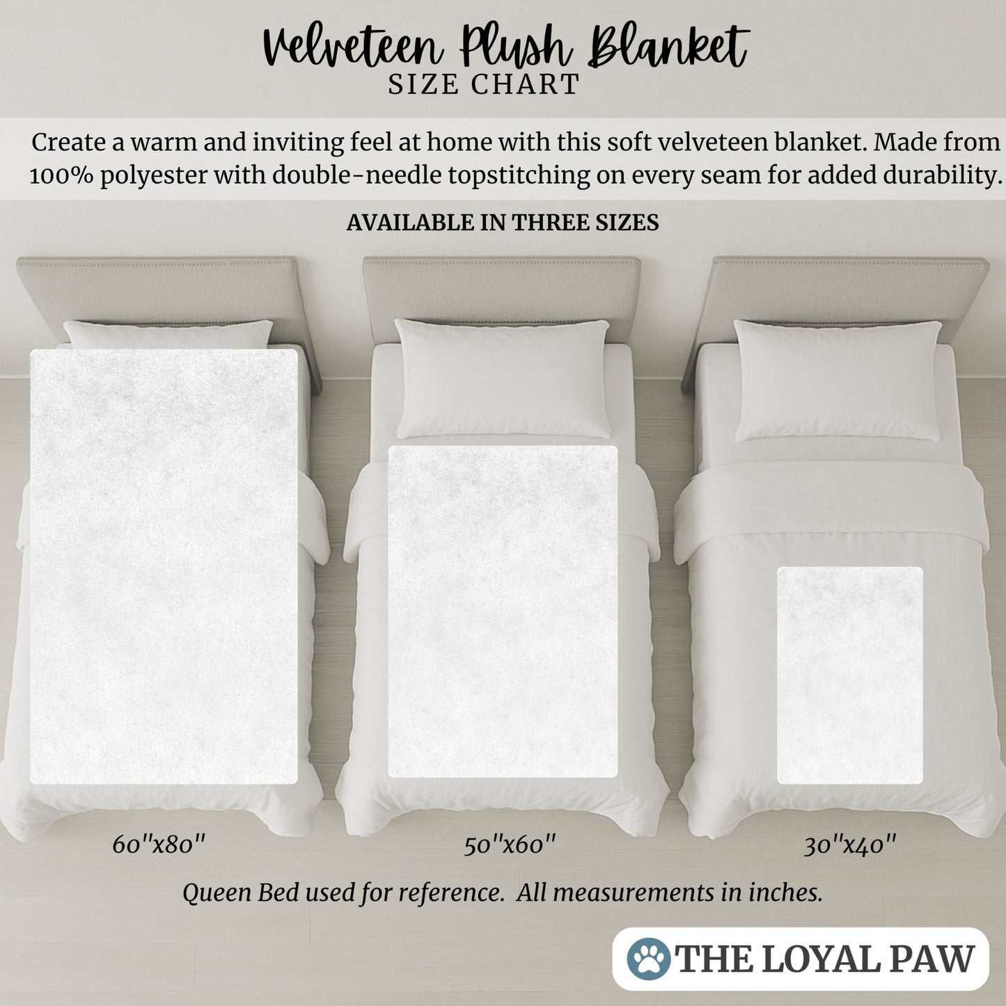 Velveteen plush dog blanket size chart showing small, medium, and large sizes on queen bed for reference