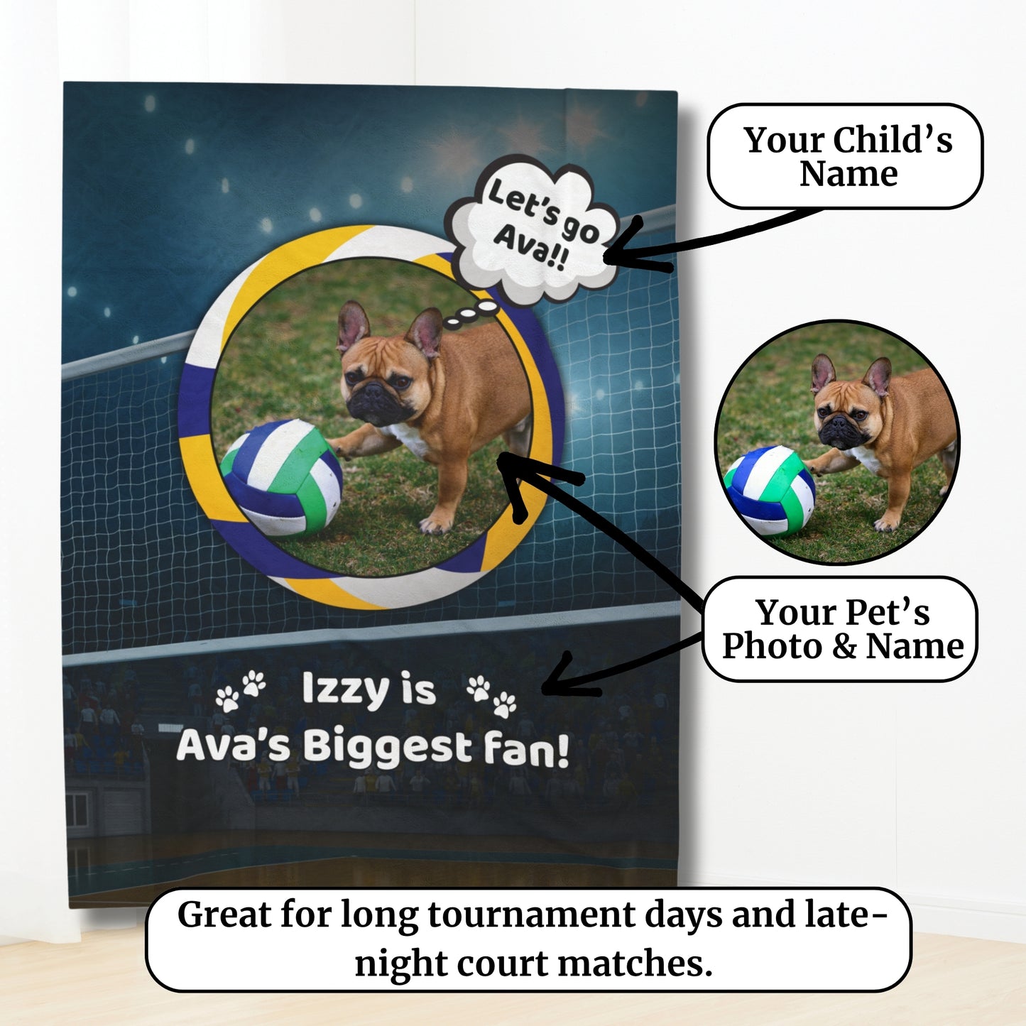 Personalized volleyball dog blanket mockup showing customization callouts for pet name, photo, and child’s name, ideal gift for volleyball families.