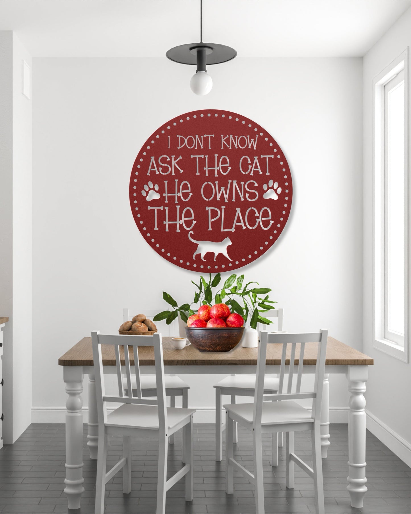 I Don’t Know, Ask the Cat, He Owns the Place’ customizable metal sign, pet-themed wall decor for cat lovers, durable 18-gauge steel in five colors, perfect for indoor or outdoor use. Shown in Red.