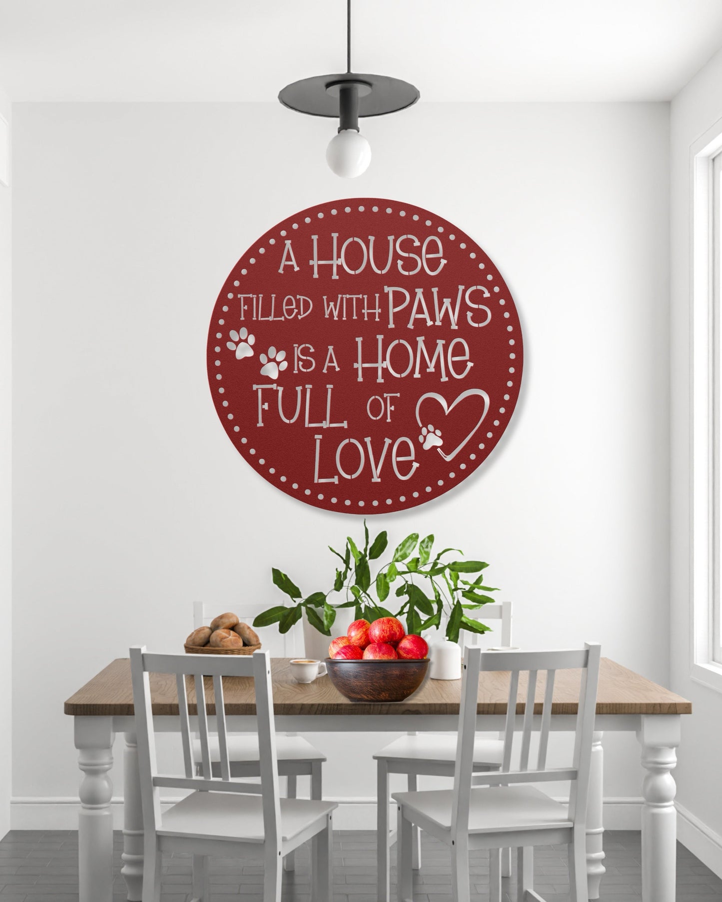 A House Filled with Paws is a Home Full of Love’ metal sign, durable 18-gauge steel wall decor for pet lovers, suitable for indoor or outdoor display. Shown in Red.