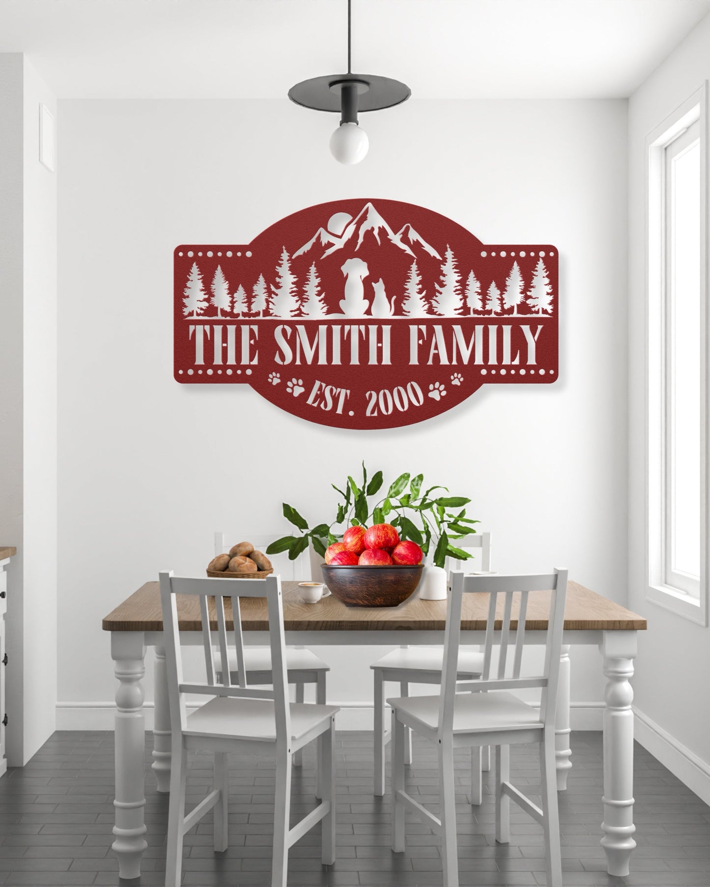 Happy pets in the mountains customizable metal sign, personalized with family name and est. date, durable 18-gauge steel, perfect pet-themed decor for indoor or outdoor display. Shown in Red.