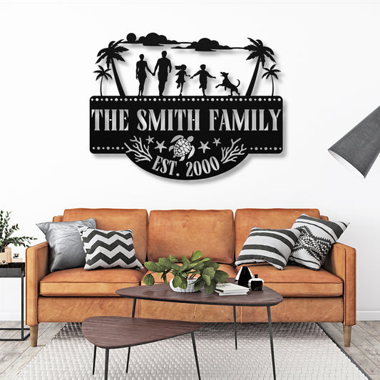 Custom family at the beach metal sign featuring family and dog, personalized coastal-themed wall decor, durable 18-gauge steel, perfect for indoor or outdoor display. Shown in Black.