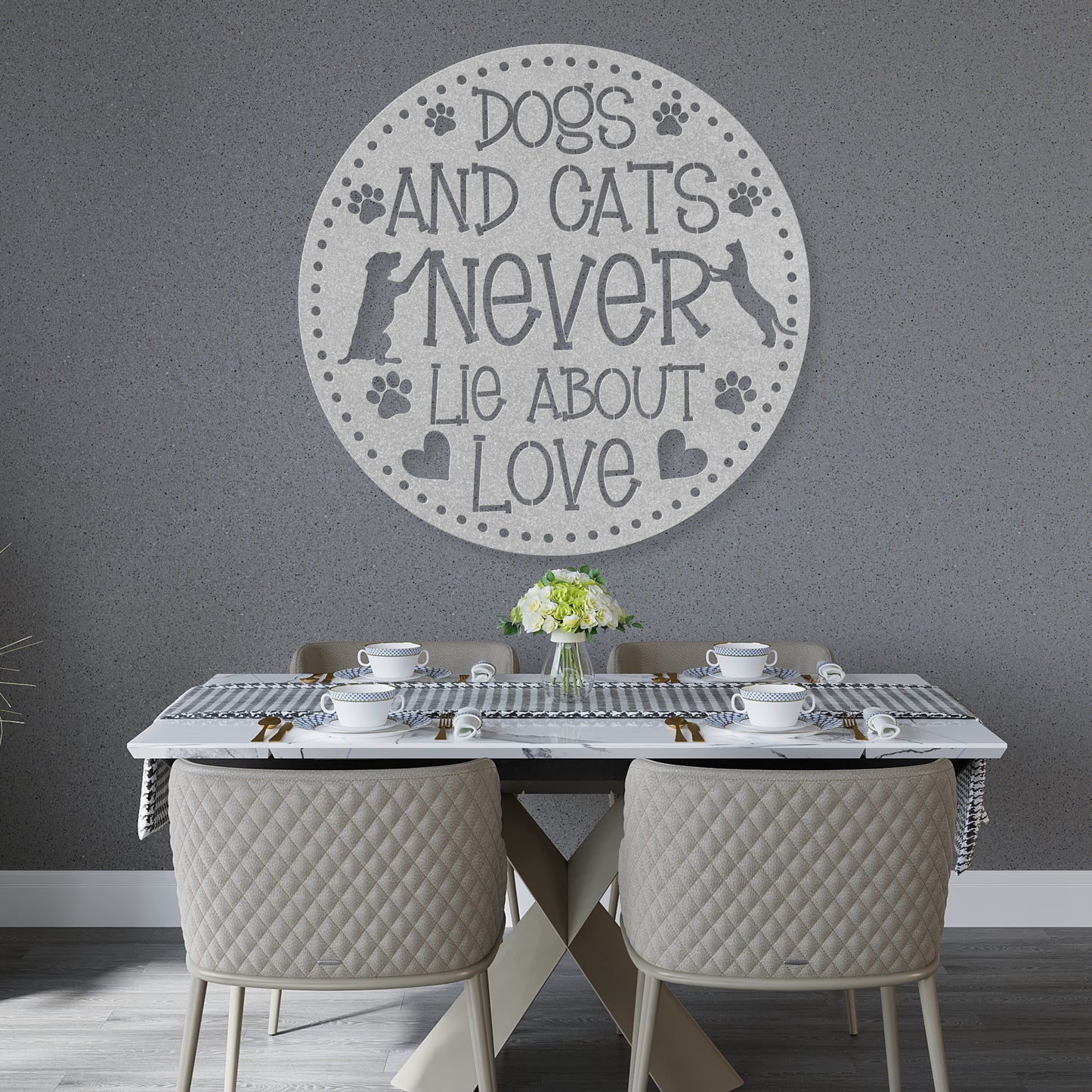 Dogs and Cats Never Lie About Love’ metal sign featuring a loving dog and cat, durable 18-gauge steel wall decor for pet lovers, suitable for indoor or outdoor display. Shown in Silver.