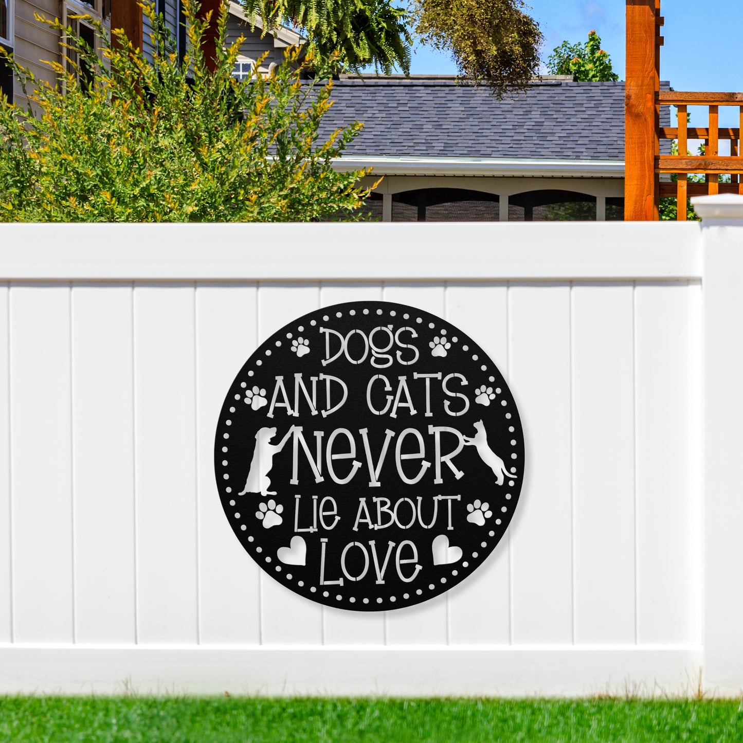 Dogs and Cats Never Lie About Love’ metal sign featuring a loving dog and cat, durable 18-gauge steel wall decor for pet lovers, suitable for indoor or outdoor display. Shown in Black.