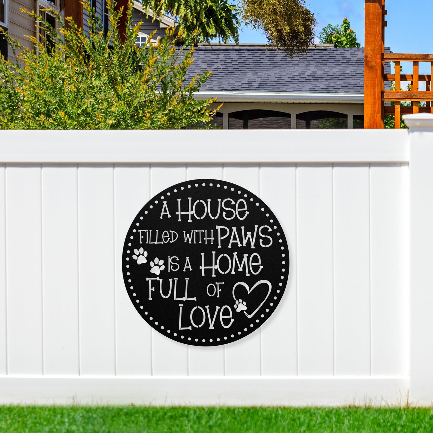 A House Filled with Paws is a Home Full of Love’ metal sign, durable 18-gauge steel wall decor for pet lovers, suitable for indoor or outdoor display. Shown in Black.