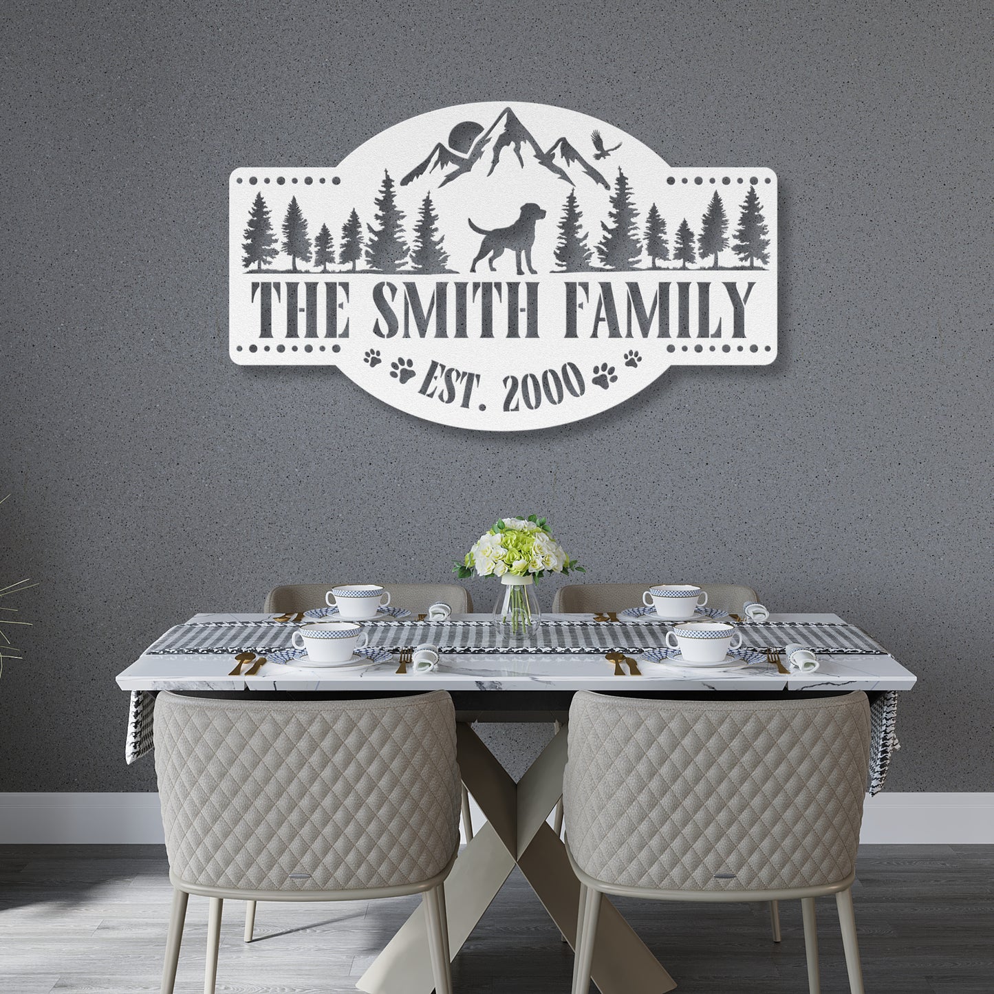 Customizable palm trees in the sun metal sign featuring two cats, personalized with family name and est. date, durable 18-gauge steel, perfect for indoor or outdoor decor. Shown in Silver.