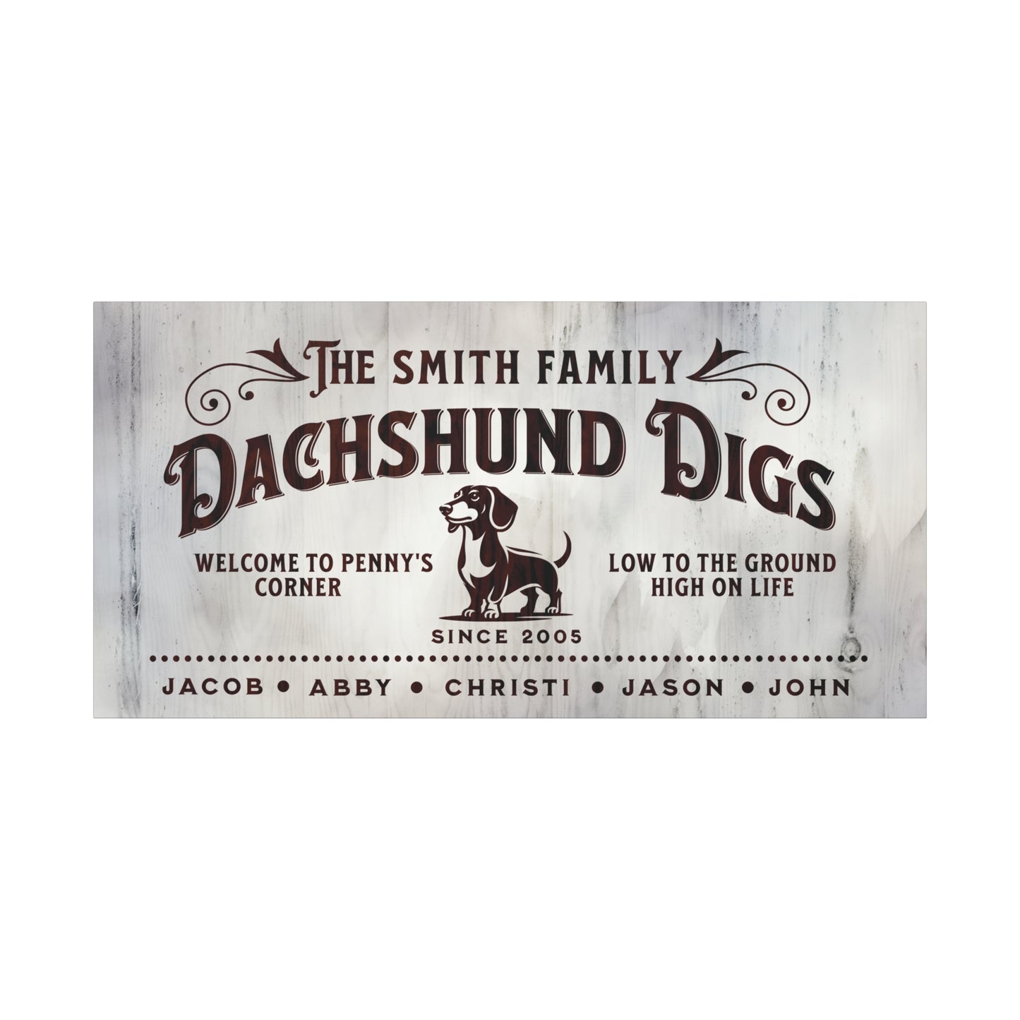 Customizable Dachshund Digs canvas sign, personalized wall art with family names, dog’s name, and est. date, perfect for Dachshund lovers, stylish pet-themed home decor.