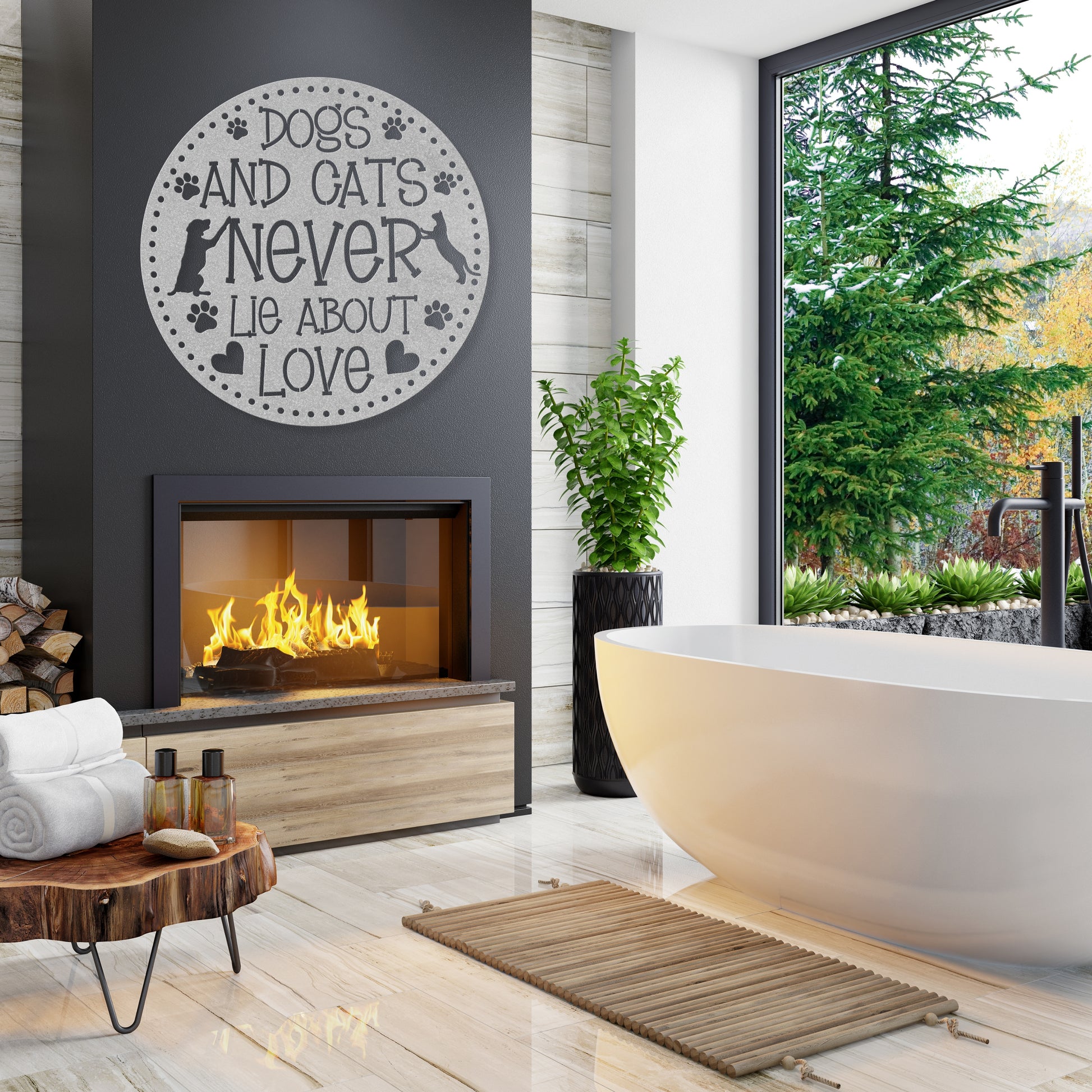 Dogs and Cats Never Lie About Love’ metal sign featuring a loving dog and cat, durable 18-gauge steel wall decor for pet lovers, suitable for indoor or outdoor display. Shown in Silver.