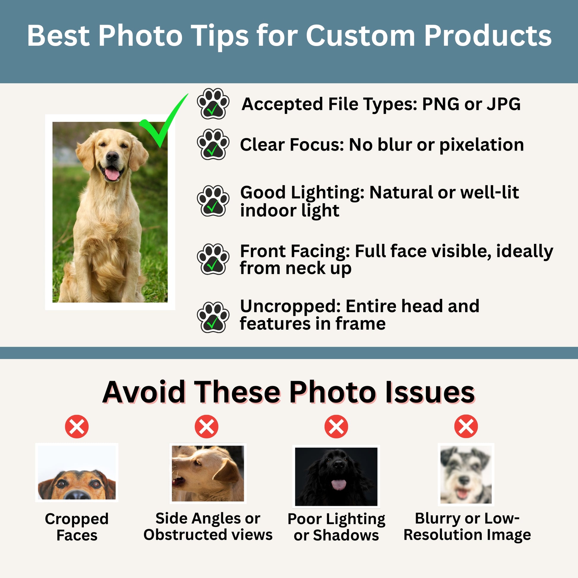 Best photo tips for custom products: upload clear PNG or JPG files, use good lighting, front-facing photos, avoid cropped faces, bad angles, and blurry images.