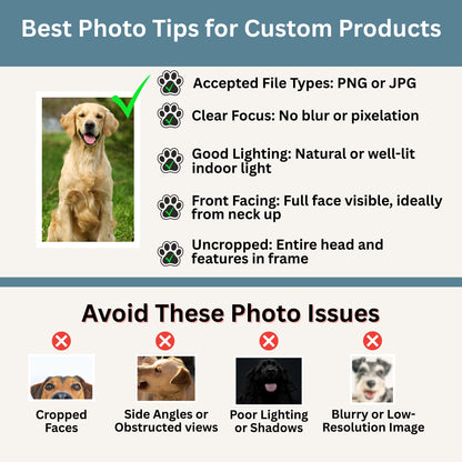 Best photo tips for custom products: upload clear PNG or JPG files, use good lighting, front-facing photos, avoid cropped faces, bad angles, and blurry images.