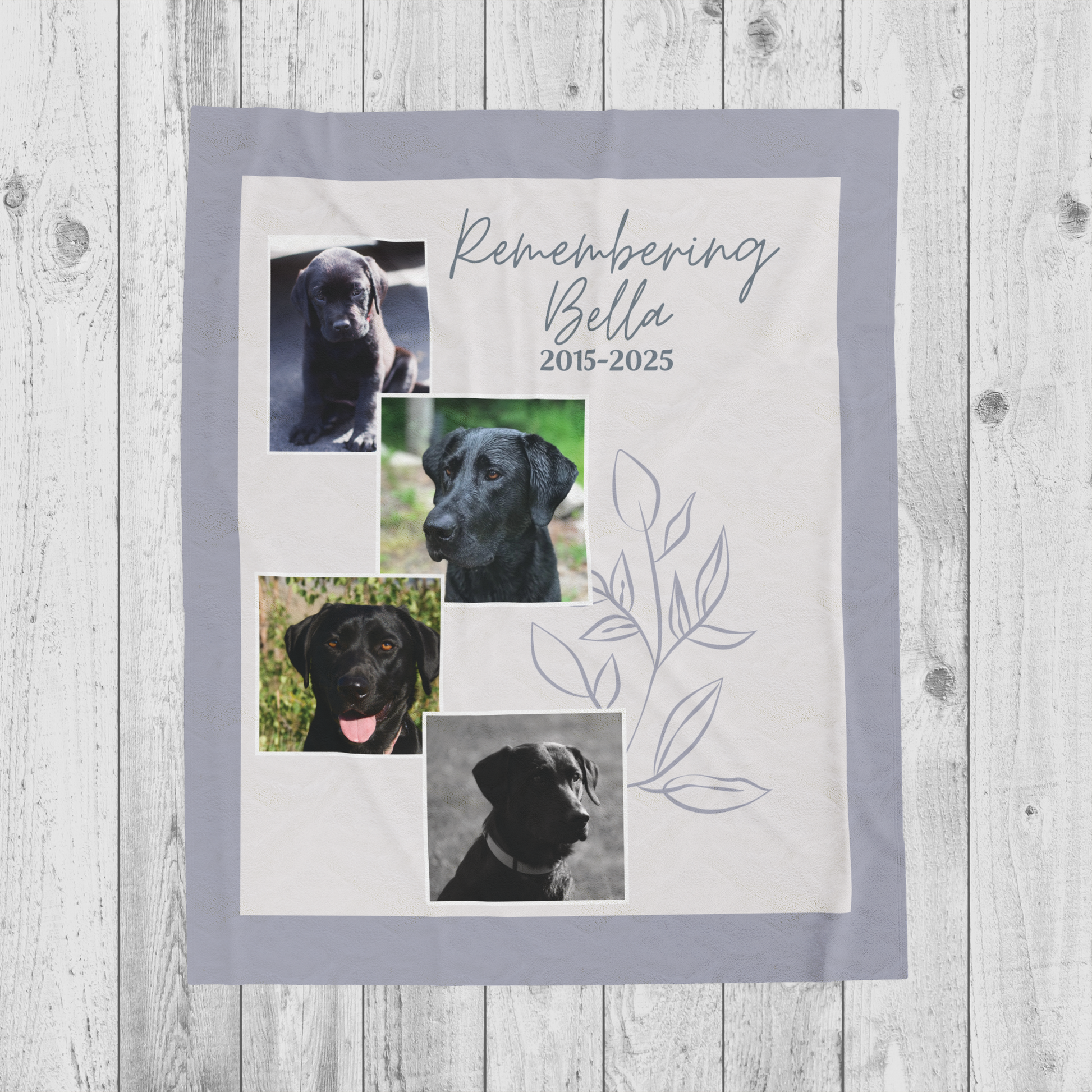 Cloud Gray pet memorial blanket with four dog photos and “Remembering Bella 2015–2025” text on soft neutral background