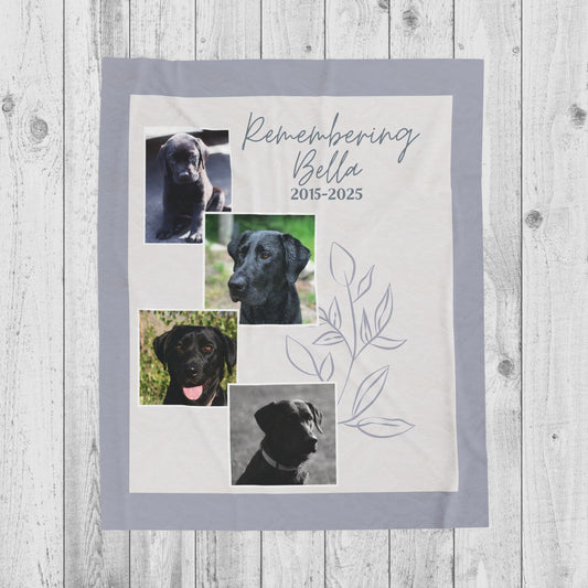 Personalized dog memorial blanket in cloud gray with four pet photos, name, and remembrance dates on soft fleece