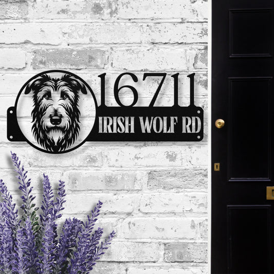 Custom Irish Wolfhound metal address sign in black, featuring the dog breed's sweet face in an elegant design.