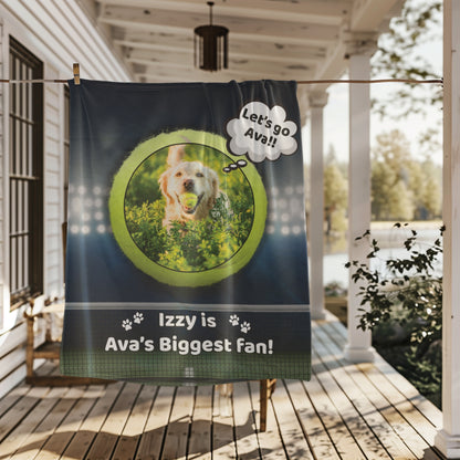 Personalized dog tennis fan blanket with photo and text hanging outdoors on a farmhouse porch clothesline, showing full design in natural light.