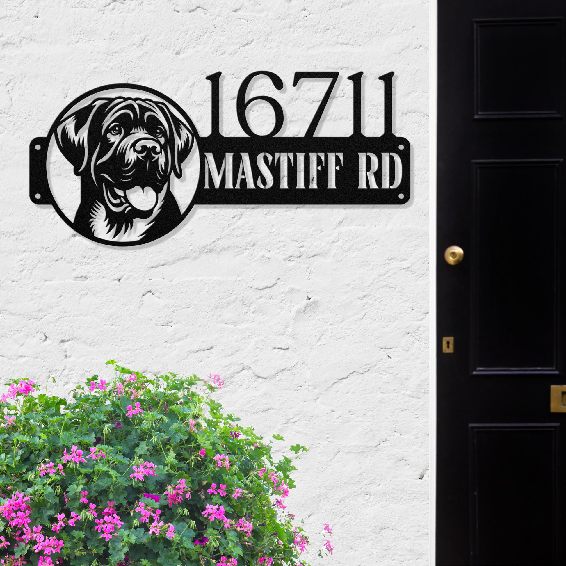 Custom black English Mastiff metal address sign with personalized house number, durable 18-gauge steel, weatherproof for indoor and outdoor decor.