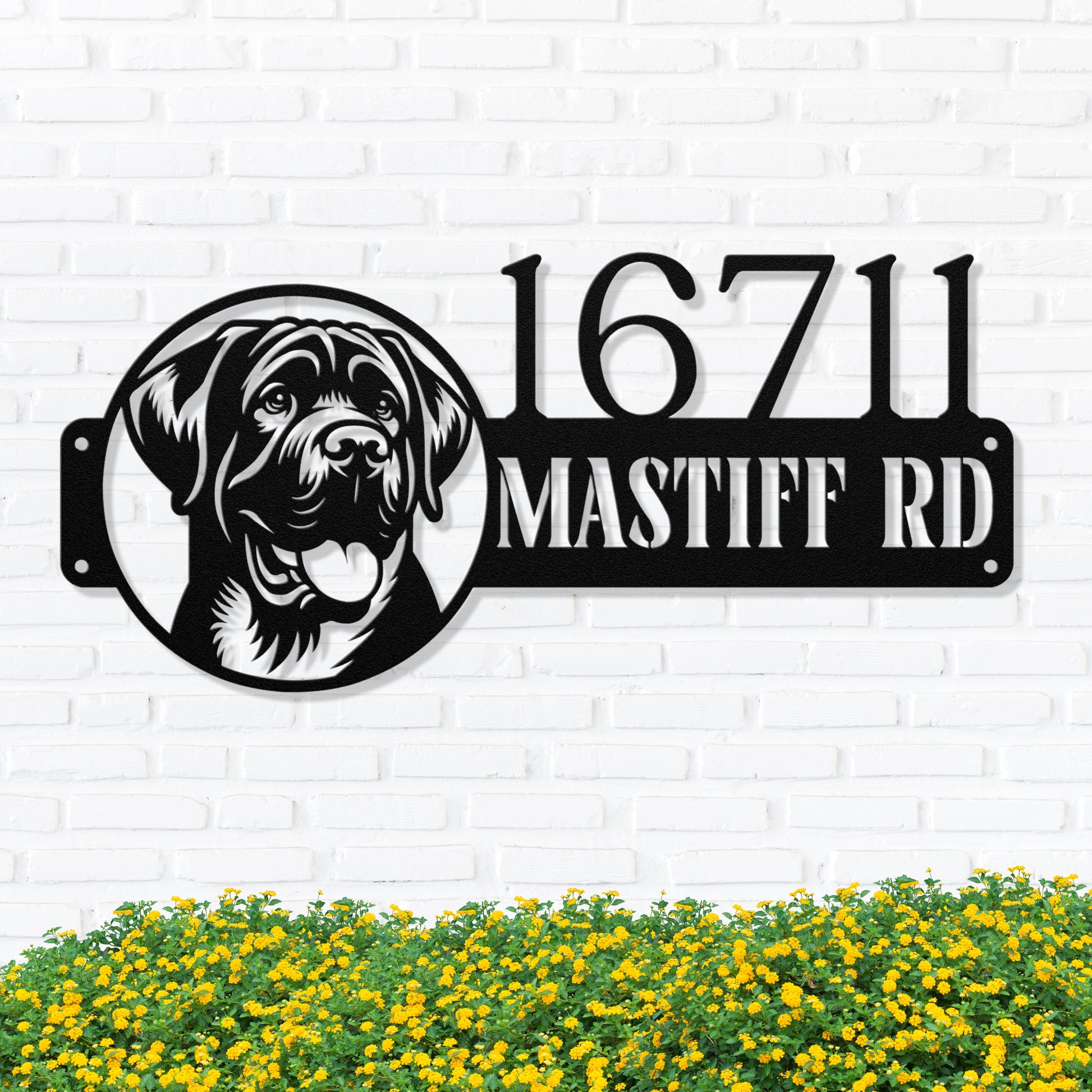 Custom black English Mastiff metal address sign with personalized house number, durable 18-gauge steel, weatherproof for indoor and outdoor decor.