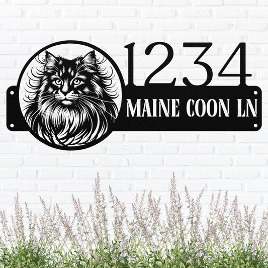 Custom black Maine Coon cat metal address sign with personalized house number, crafted from durable 18-gauge steel, weatherproof for indoor and outdoor use