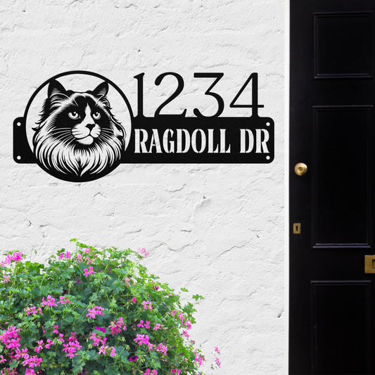 Custom black Ragdoll cat metal address sign with personalized house number, crafted from durable 18-gauge steel, weatherproof for indoor and outdoor use.
