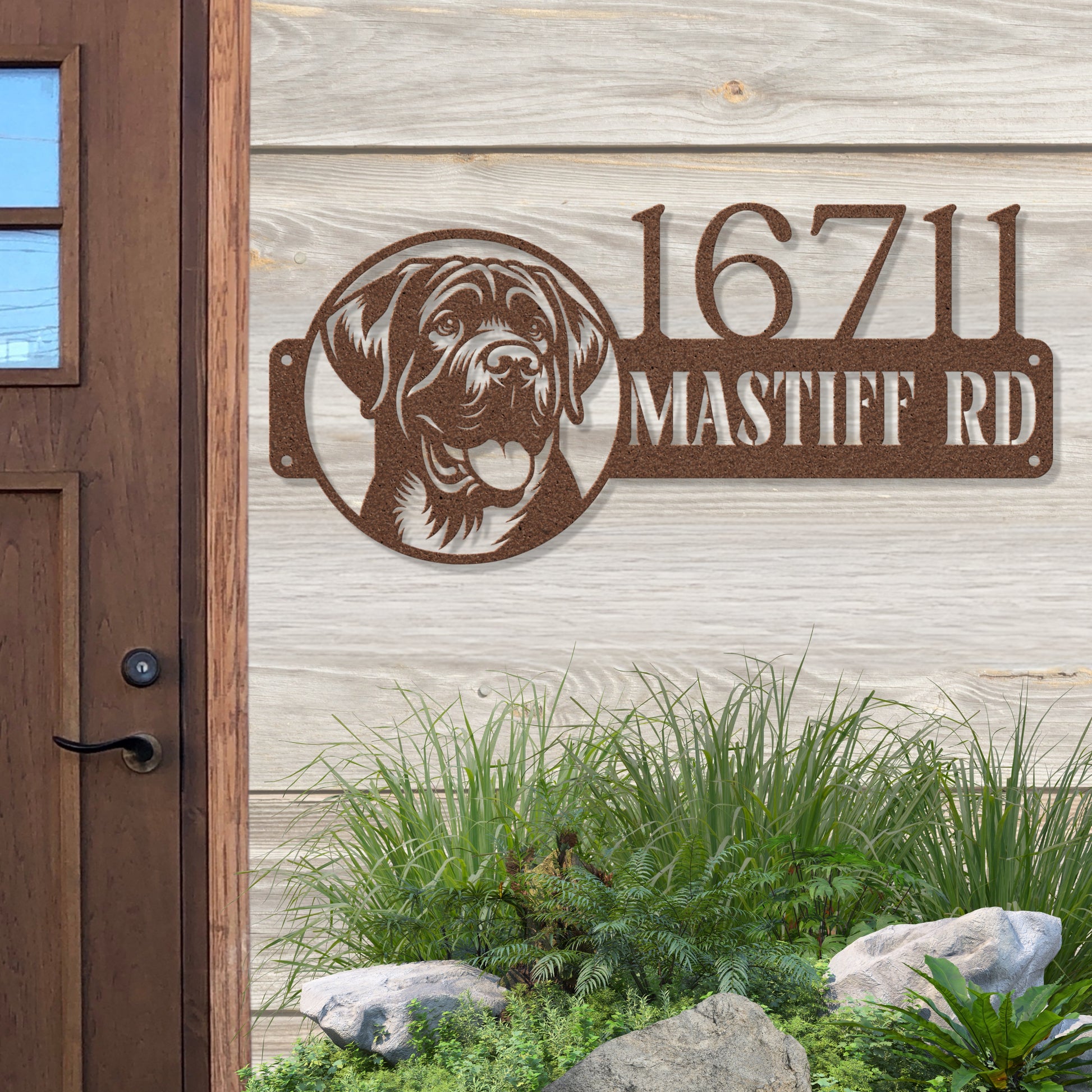 Custom copper English Mastiff metal address sign with elegant design, made from powder-coated 18-gauge steel for weather-resistant home decor.