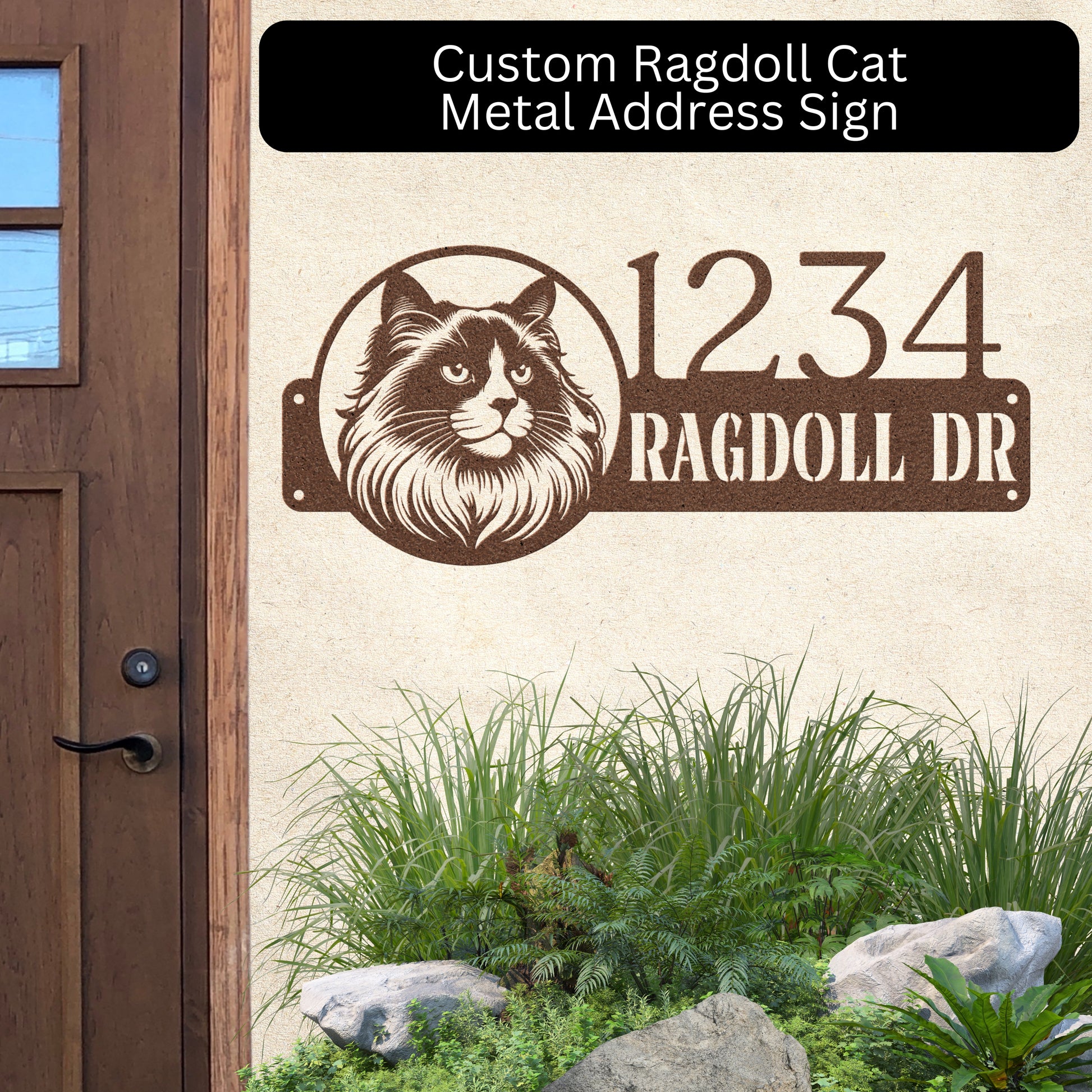 Custom copper Ragdoll cat metal address sign featuring a detailed Ragdoll silhouette, crafted from 18-gauge steel with a weather-resistant powder-coated finish