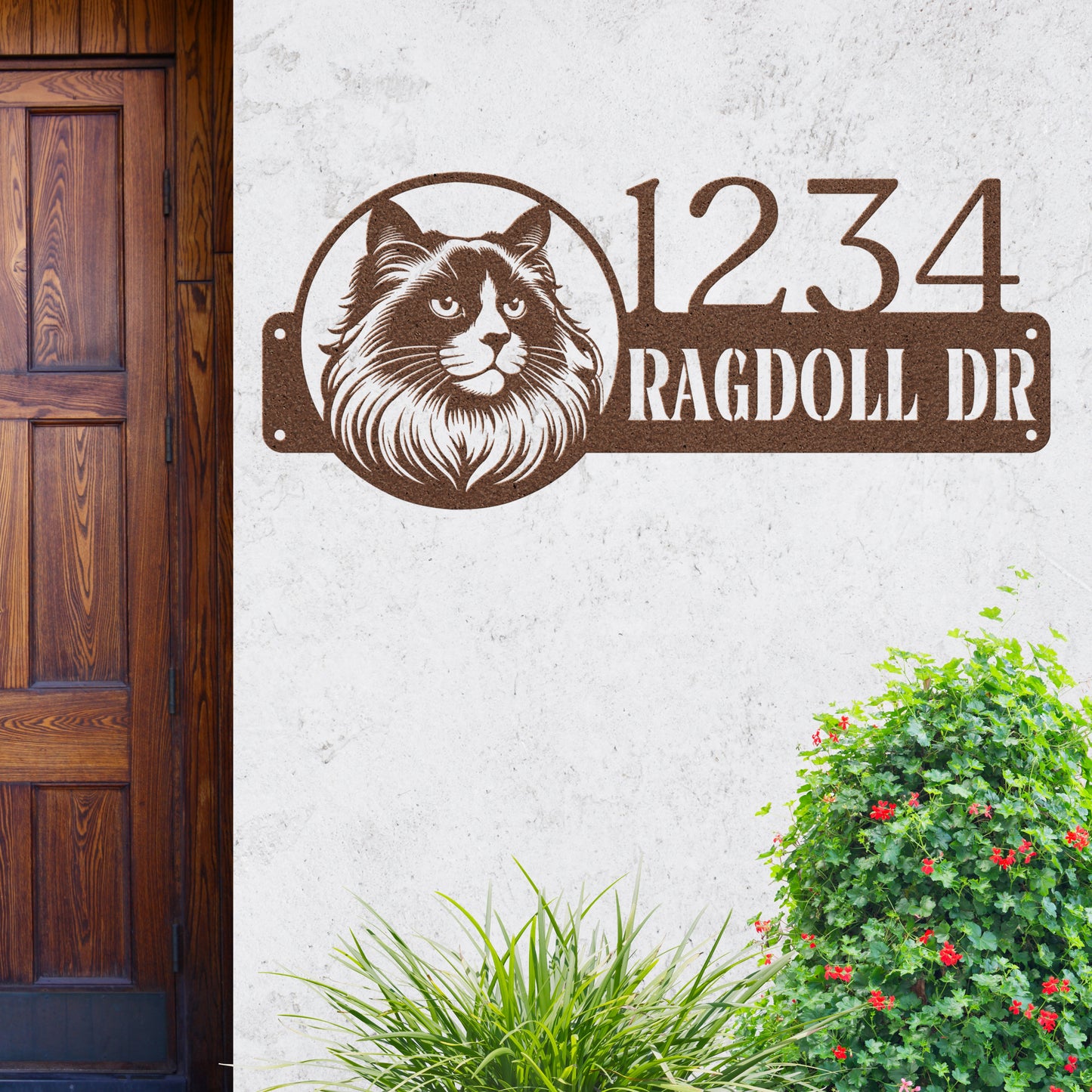 Custom copper Ragdoll cat metal address sign featuring a detailed Ragdoll silhouette, crafted from 18-gauge steel with a weather-resistant powder-coated finish