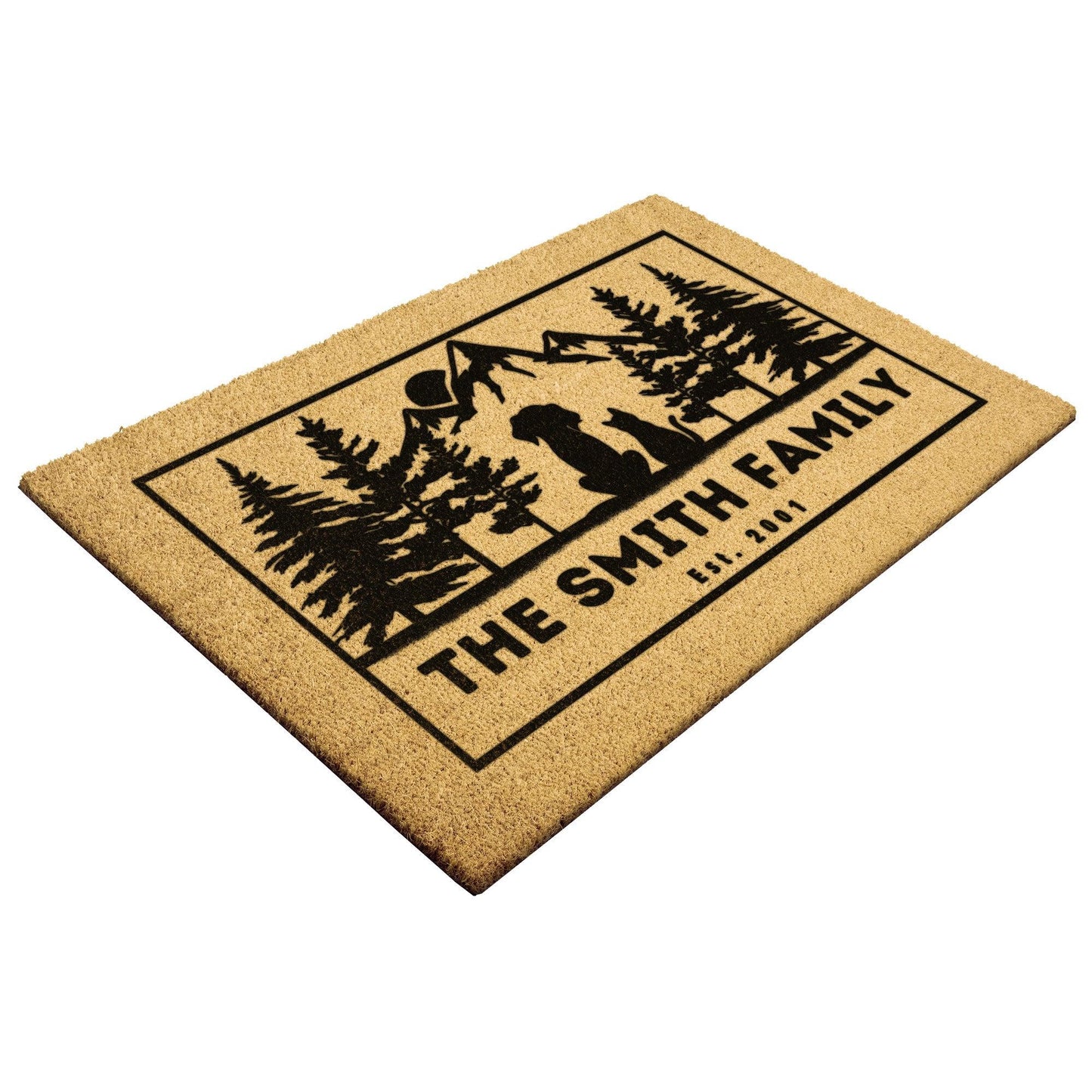 Dog and cat admire mountains customizable coir rug, personalized doormat with family name, durable and fade-resistant, ideal for pet-friendly entryways with a scenic mountain design.