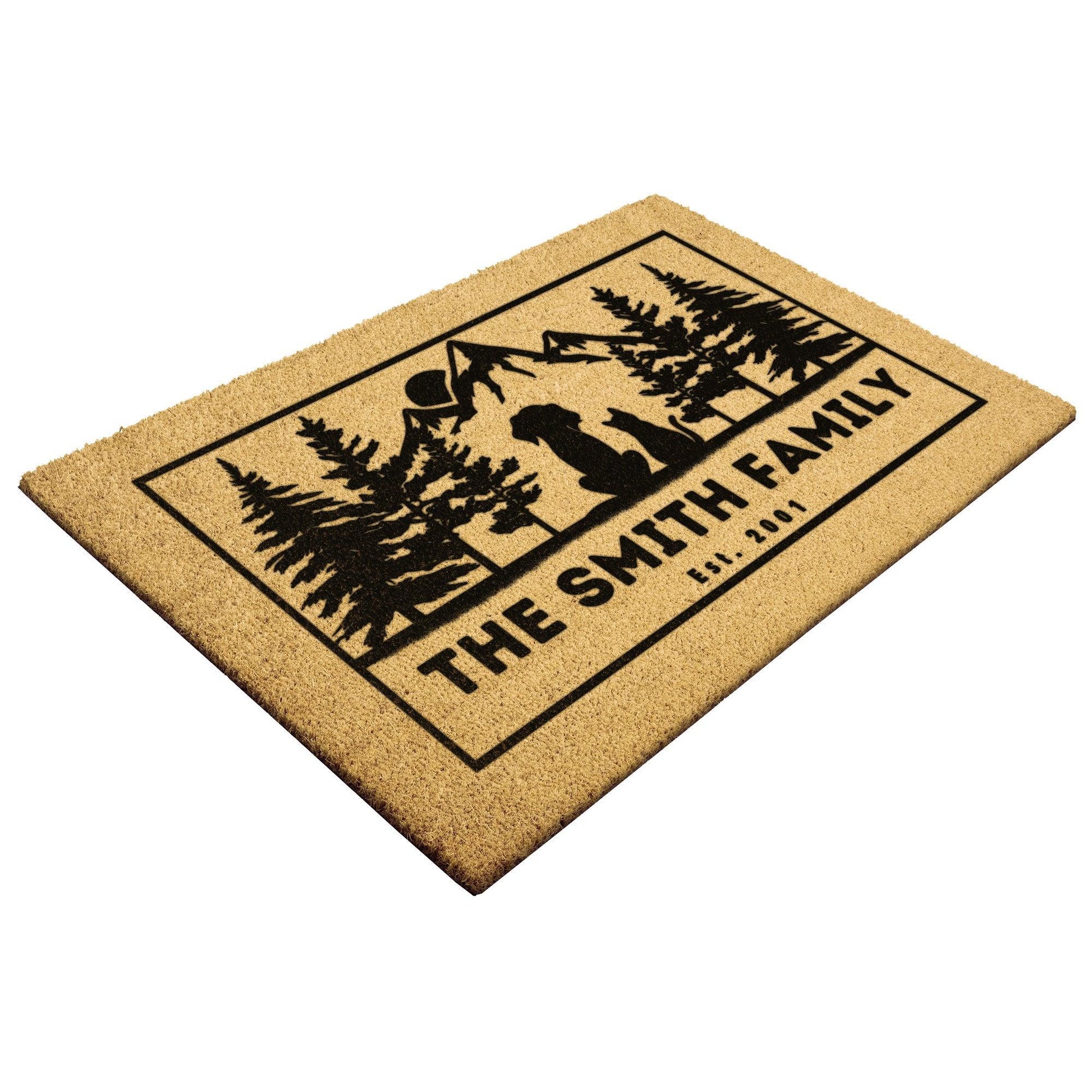 Dog and cat admire mountains customizable coir rug, personalized doormat with family name, durable and fade-resistant, ideal for pet-friendly entryways with a scenic mountain design.