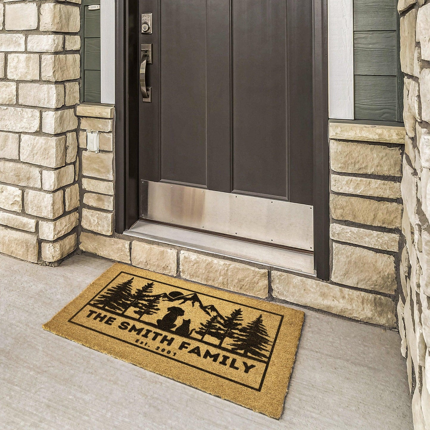 Dog and cat admire mountains customizable coir rug, personalized doormat with family name, durable and fade-resistant, ideal for pet-friendly entryways with a scenic mountain design.