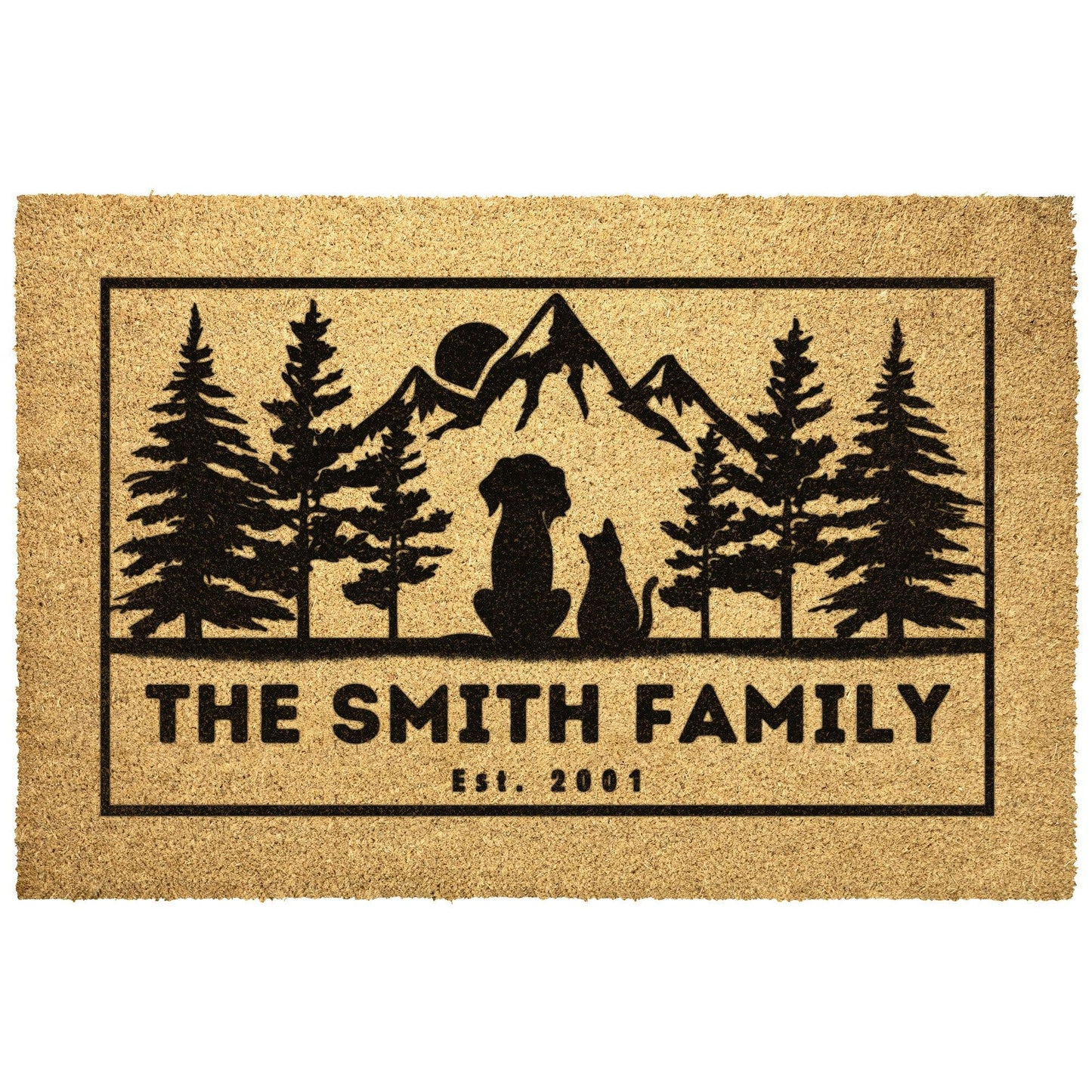 Dog and cat admire mountains customizable coir rug, personalized doormat with family name, durable and fade-resistant, ideal for pet-friendly entryways with a scenic mountain design.