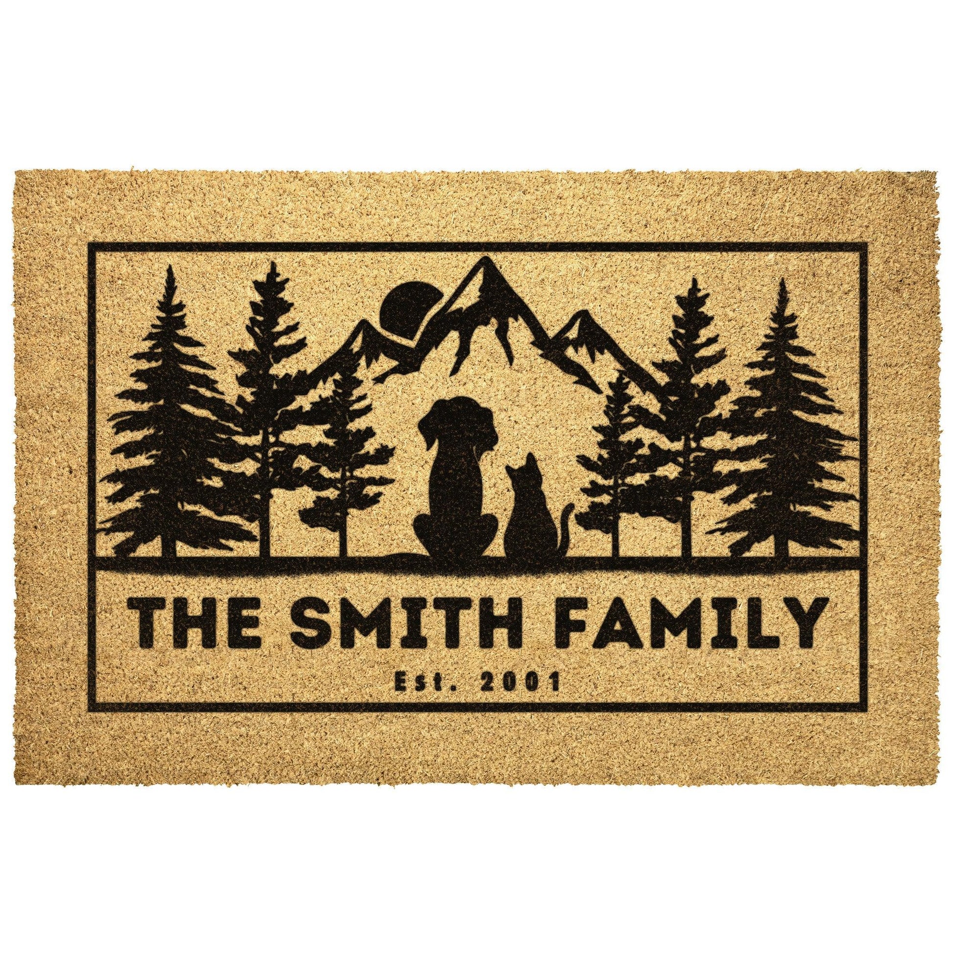 Dog and cat admire mountains customizable coir rug, personalized doormat with family name, durable and fade-resistant, ideal for pet-friendly entryways with a scenic mountain design.