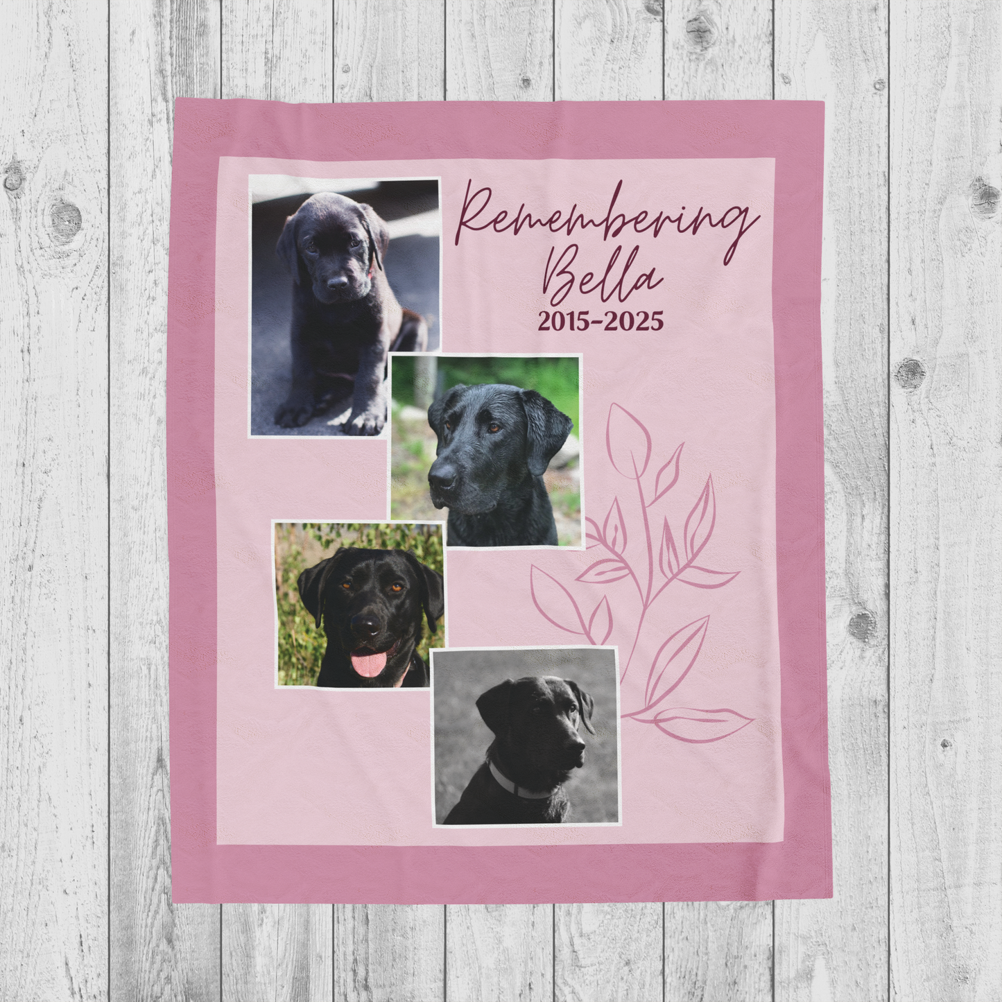 Pink Dusty Rose pet memorial blanket with dog photos, leaf design, and “Remembering Bella 2015–2025” printed at the top