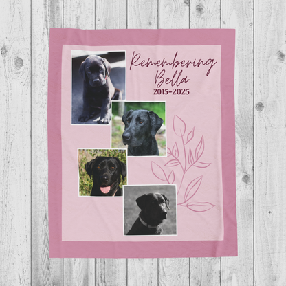 Pink Dusty Rose pet memorial blanket with dog photos, leaf design, and “Remembering Bella 2015–2025” printed at the top