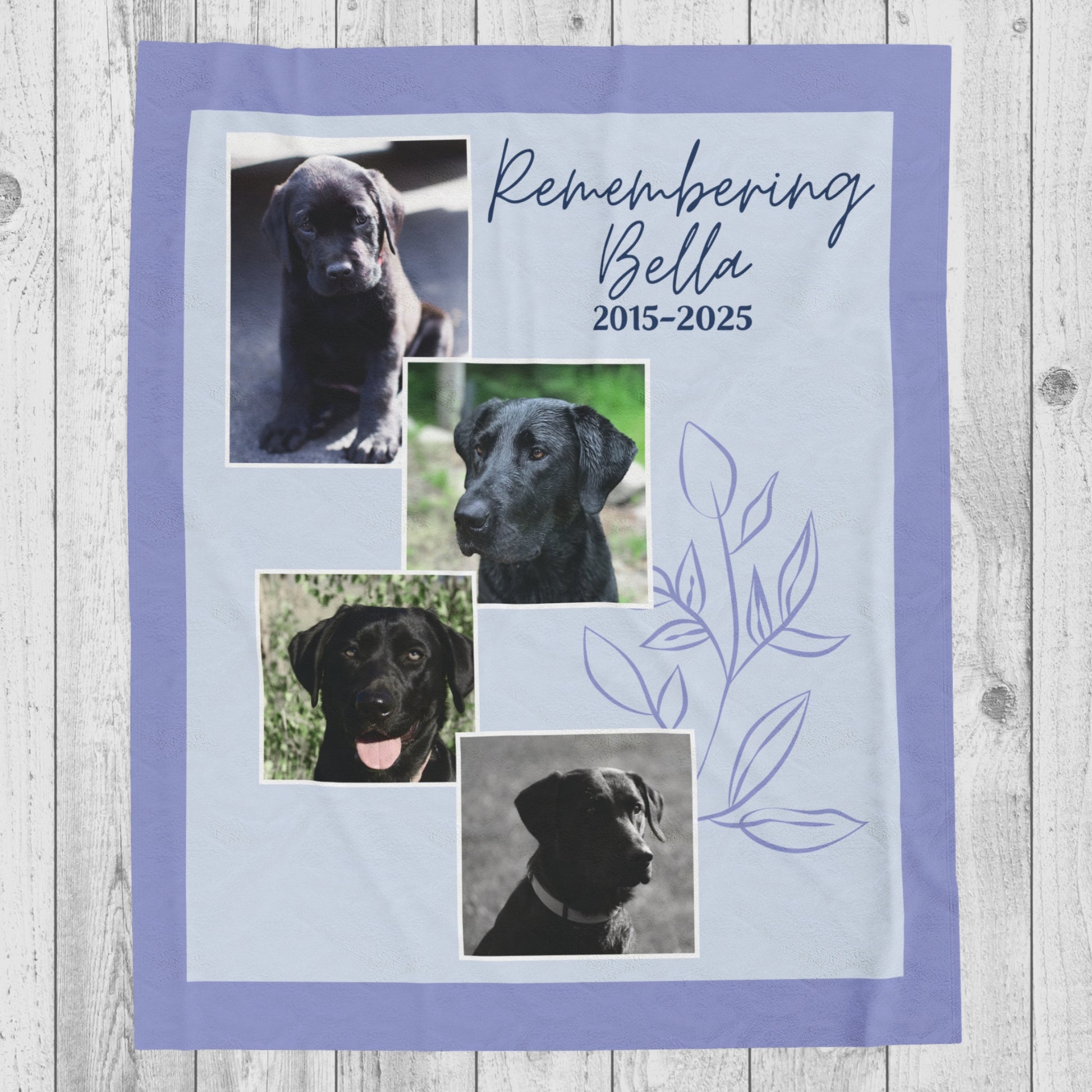 Evening Lilac pet memorial blanket with four dog photos, soft purple tones, and “Remembering Bella 2015–2025” text