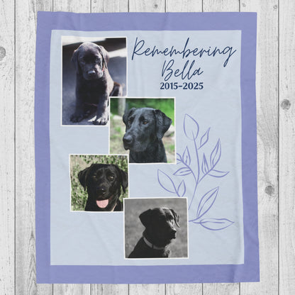 Evening Lilac pet memorial blanket with four dog photos, soft purple tones, and “Remembering Bella 2015–2025” text