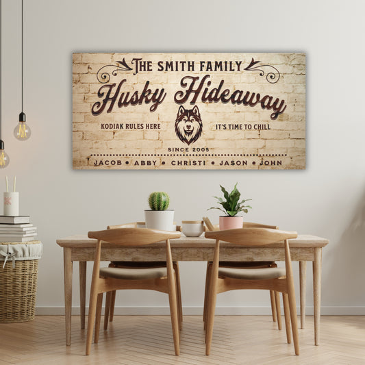 Husky Print: a Customizable Husky Hideaway canvas, personalized with family information and dog’s name. The perfect gift for dog lovers, adds a unique touch to home decor.