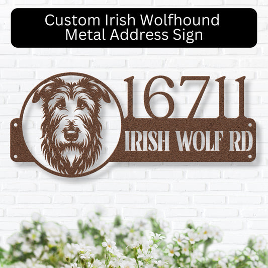 Custom Irish Wolfhound metal address sign in copper, featuring the dog breed's sweet face in an elegant design.