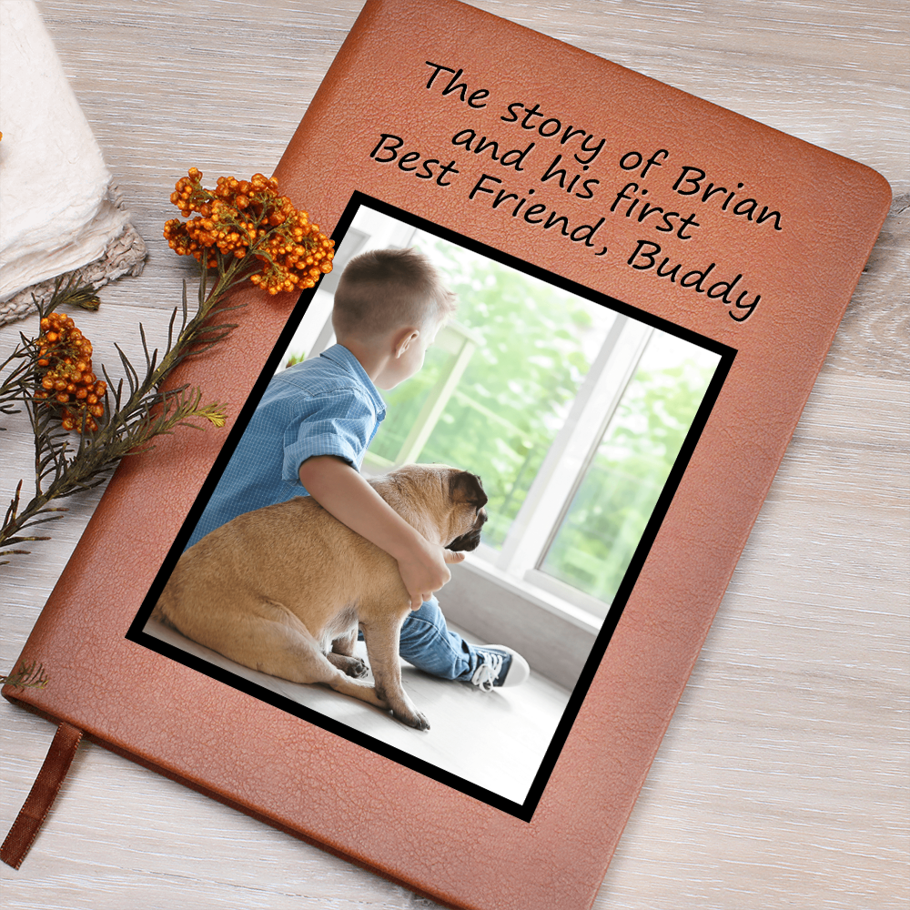 Personalized baby and dog memory journal resting on a wooden table