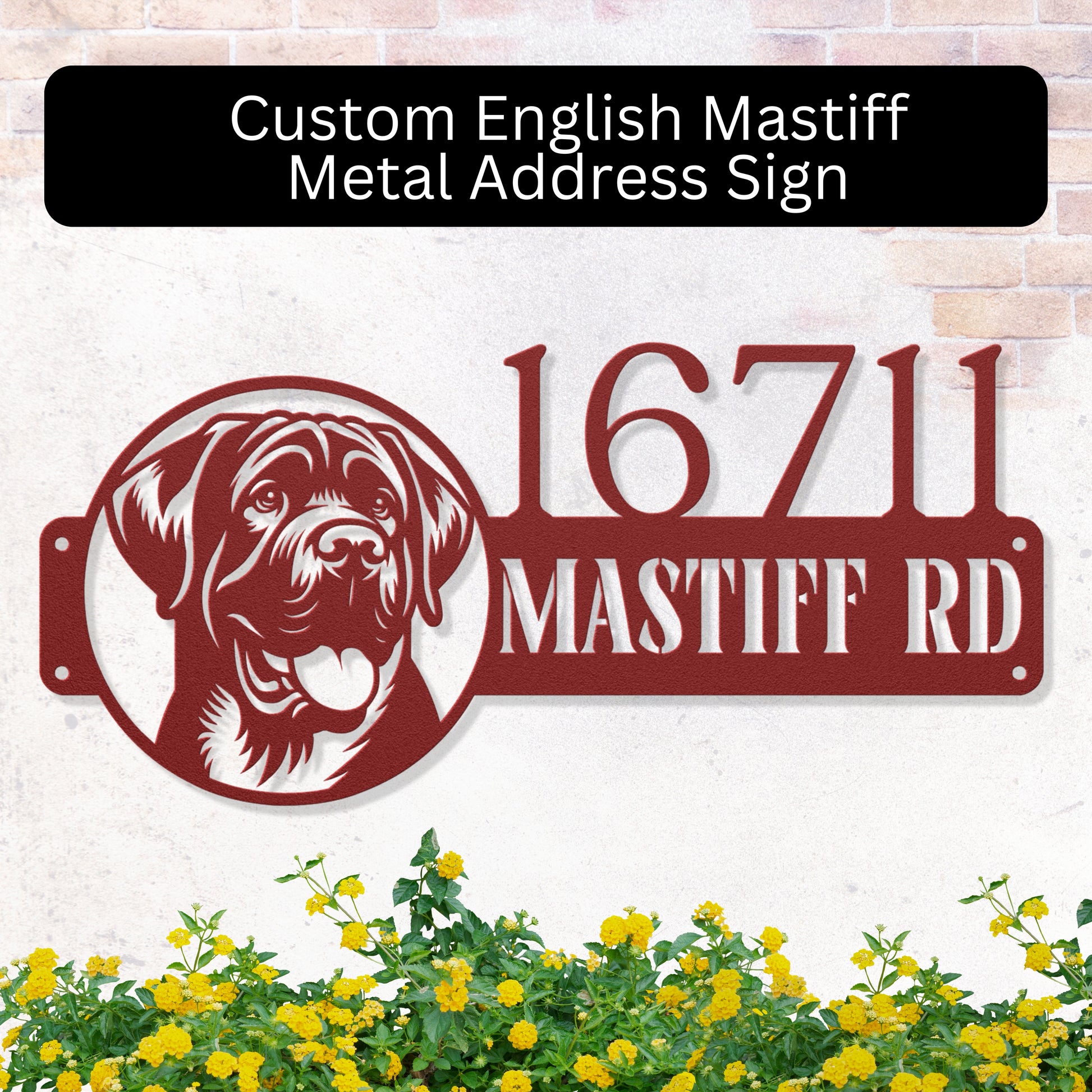 Personalized red English Mastiff metal address sign, stylish and durable, crafted from 18-gauge steel for long-lasting outdoor or indoor use