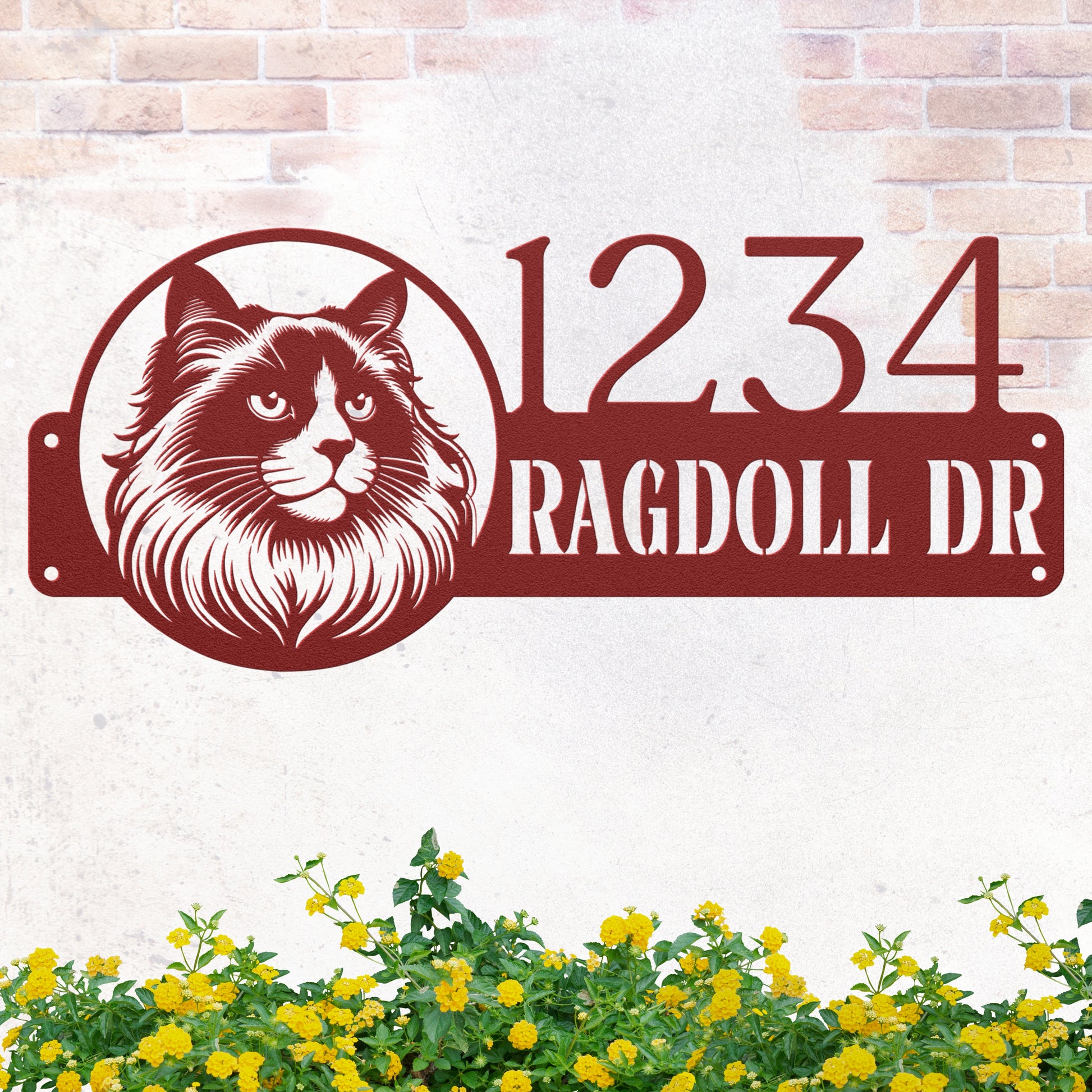 Personalized red Ragdoll cat metal address sign, made from powder-coated 18-gauge steel, designed for long-lasting outdoor or indoor display.