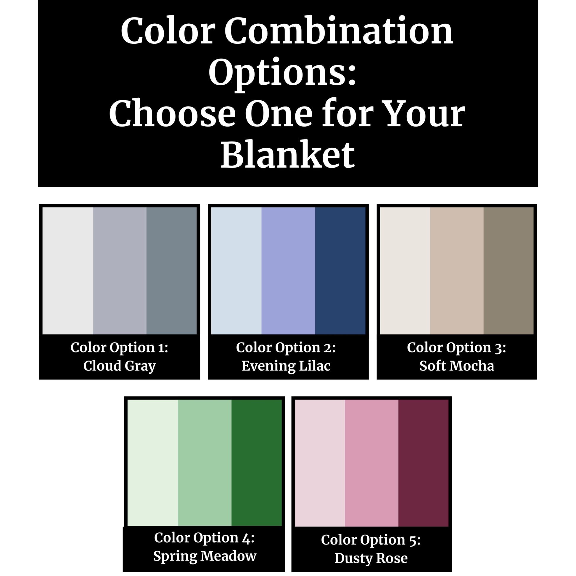 Color combination chart for custom pet memorial blankets with 5 soft color options: gray, lilac, mocha, green, and rose