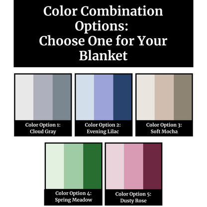 Color combination chart for custom pet memorial blankets with 5 soft color options: gray, lilac, mocha, green, and rose