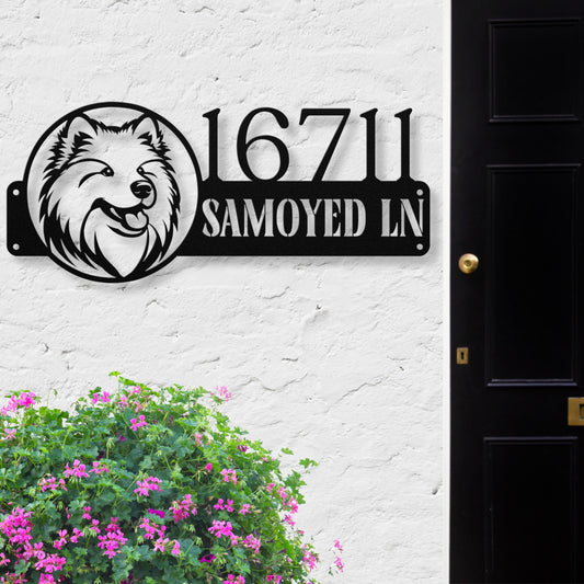 Happy Samoyed Address Sign in Black