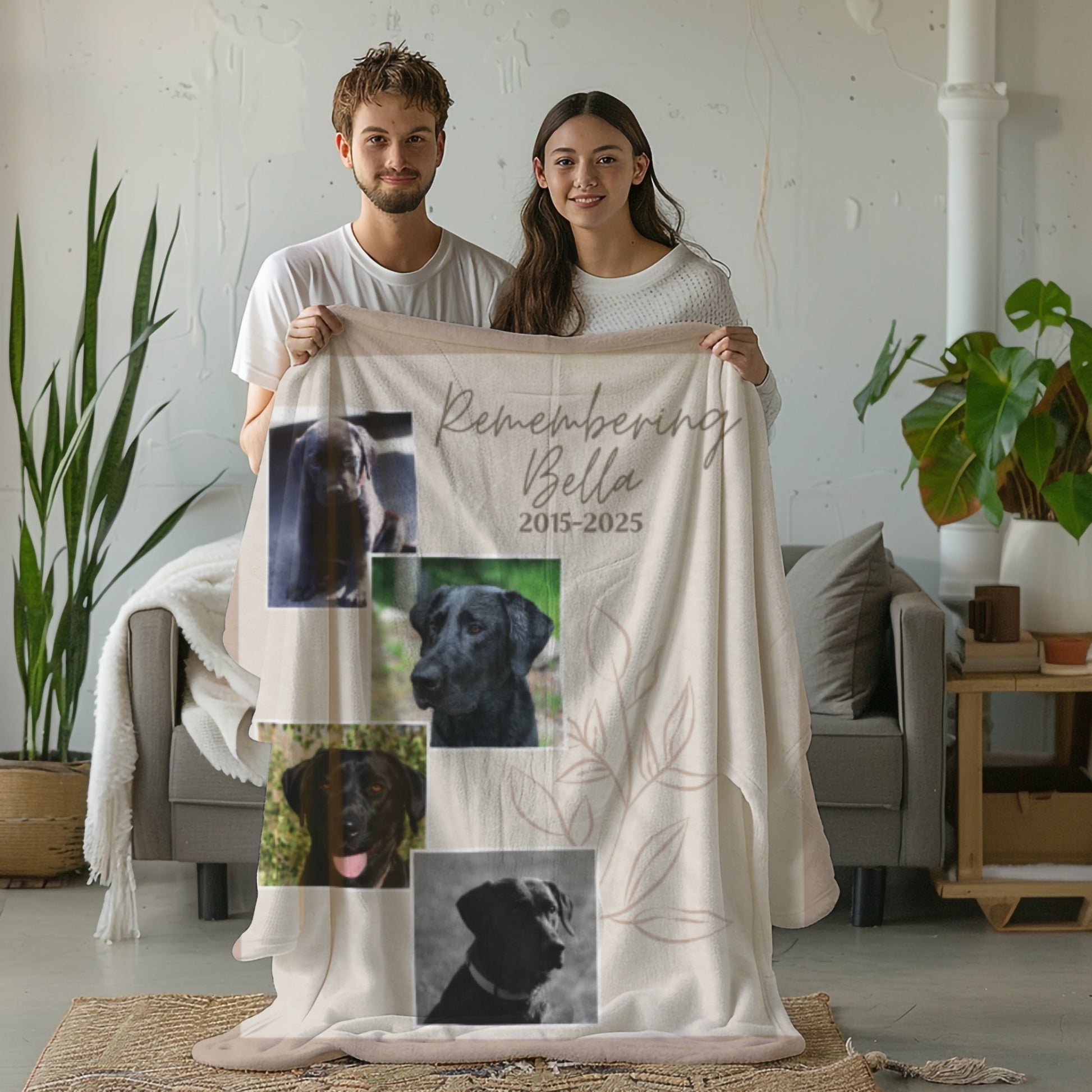 Couple holding soft mocha pet memorial blanket featuring four dog photos, floral line art, and “Remembering Bella 2015–2025” text