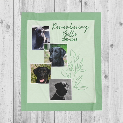 Spring Meadow green pet memorial blanket with four dog photos and “Remembering Bella 2015–2025” text in soft botanical theme