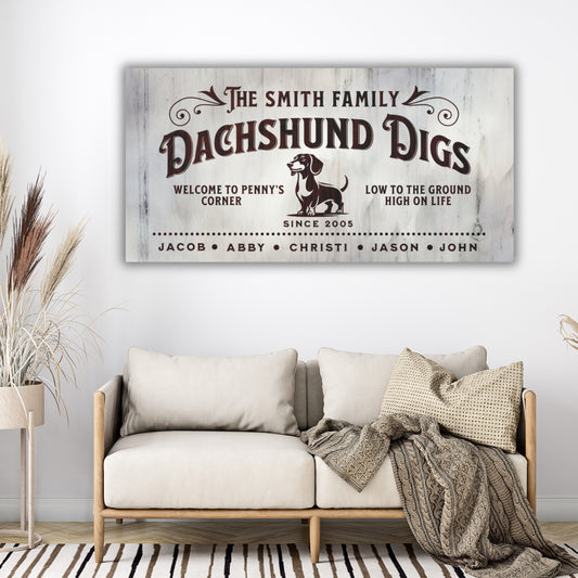 Customizable Dachshund Digs canvas sign, personalized wall art with family names, dog’s name, and est. date, perfect for Dachshund lovers, stylish pet-themed home decor.